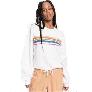 Roxy Stay Salty White Sweatshirt Abstract Rainbow Stripes Drawstring Hem XL Crew